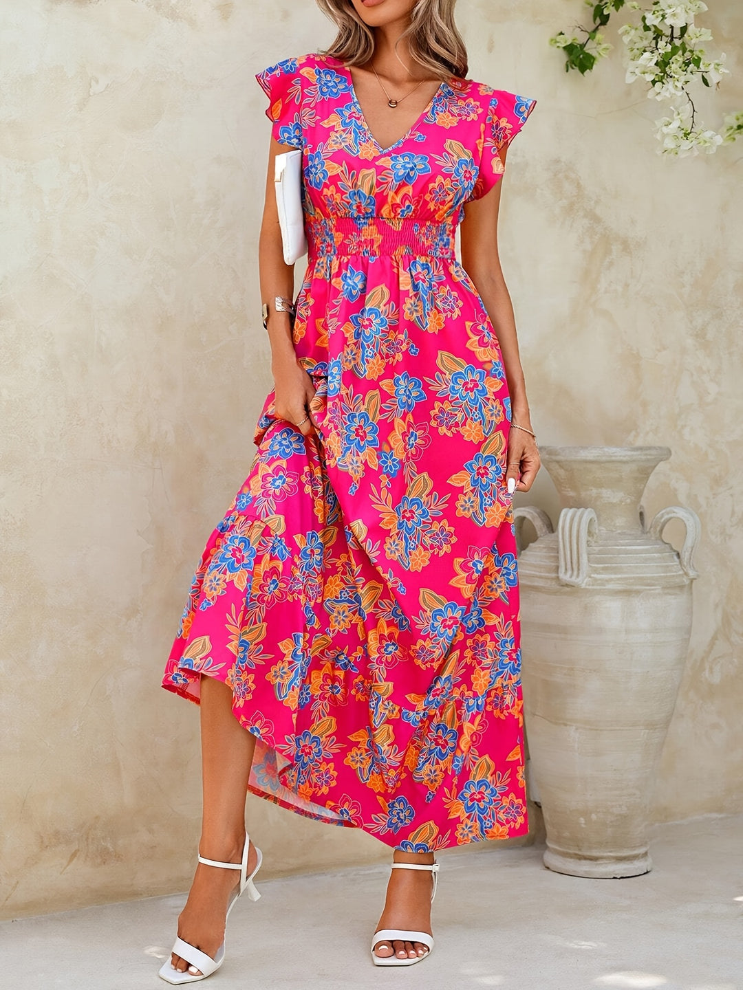 Bohemian V-Neck Flutter Sleeve Floral Maxi Dress
