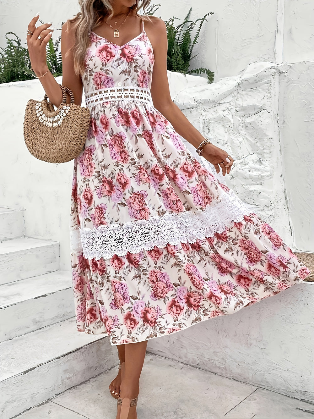 Floral Crochet Lace Trim Midi Dress