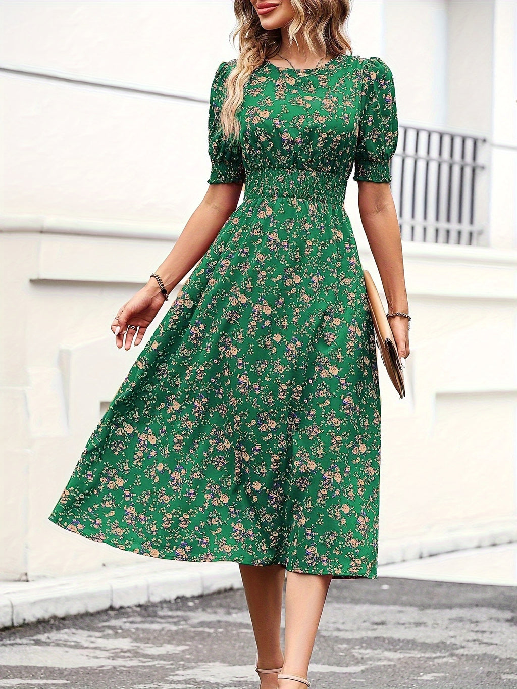 Casual Smocked Ditsy Floral Midi Dress