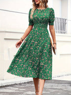 Casual Smocked Ditsy Floral Midi Dress