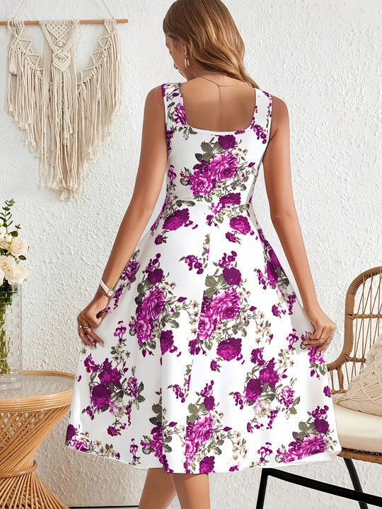 Casual Floral Wide Strap Midi Dress