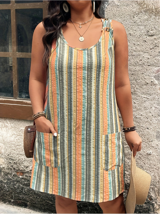 Plus Size Sleeveless Striped Pocket Mini Boho Dress