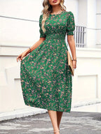 Casual Smocked Ditsy Floral Midi Dress