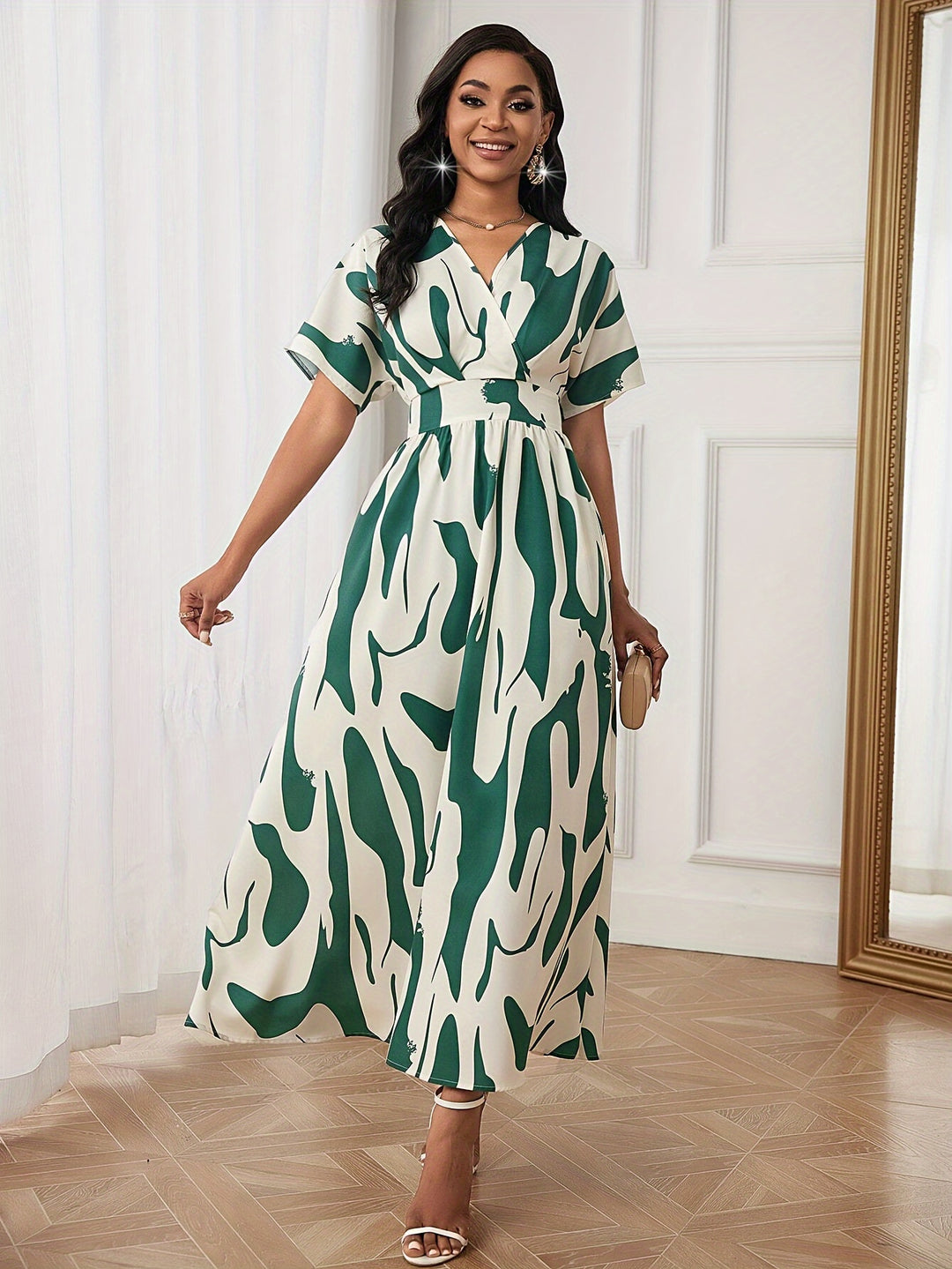 Abstract Print Flutter Sleeve V-Neck Midi Dress
