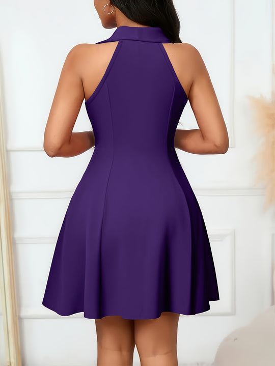 Collared Off-Shoulde Halter V-Neck Fit and Flare Dress