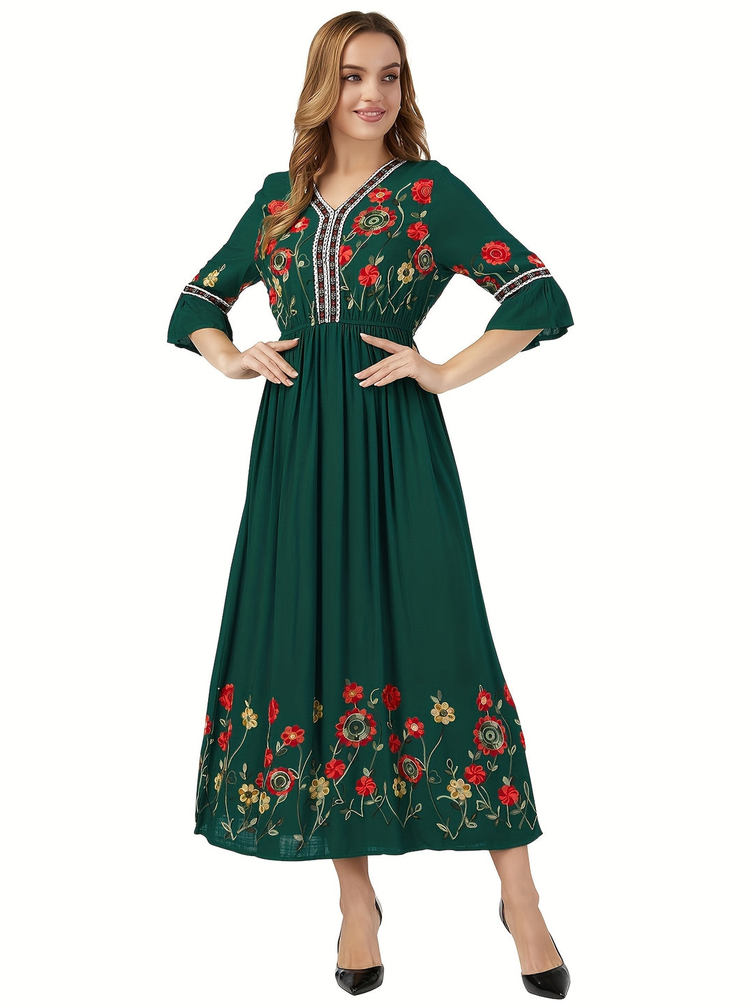 Embroidered Floral Hem Gathered Maxi Dress