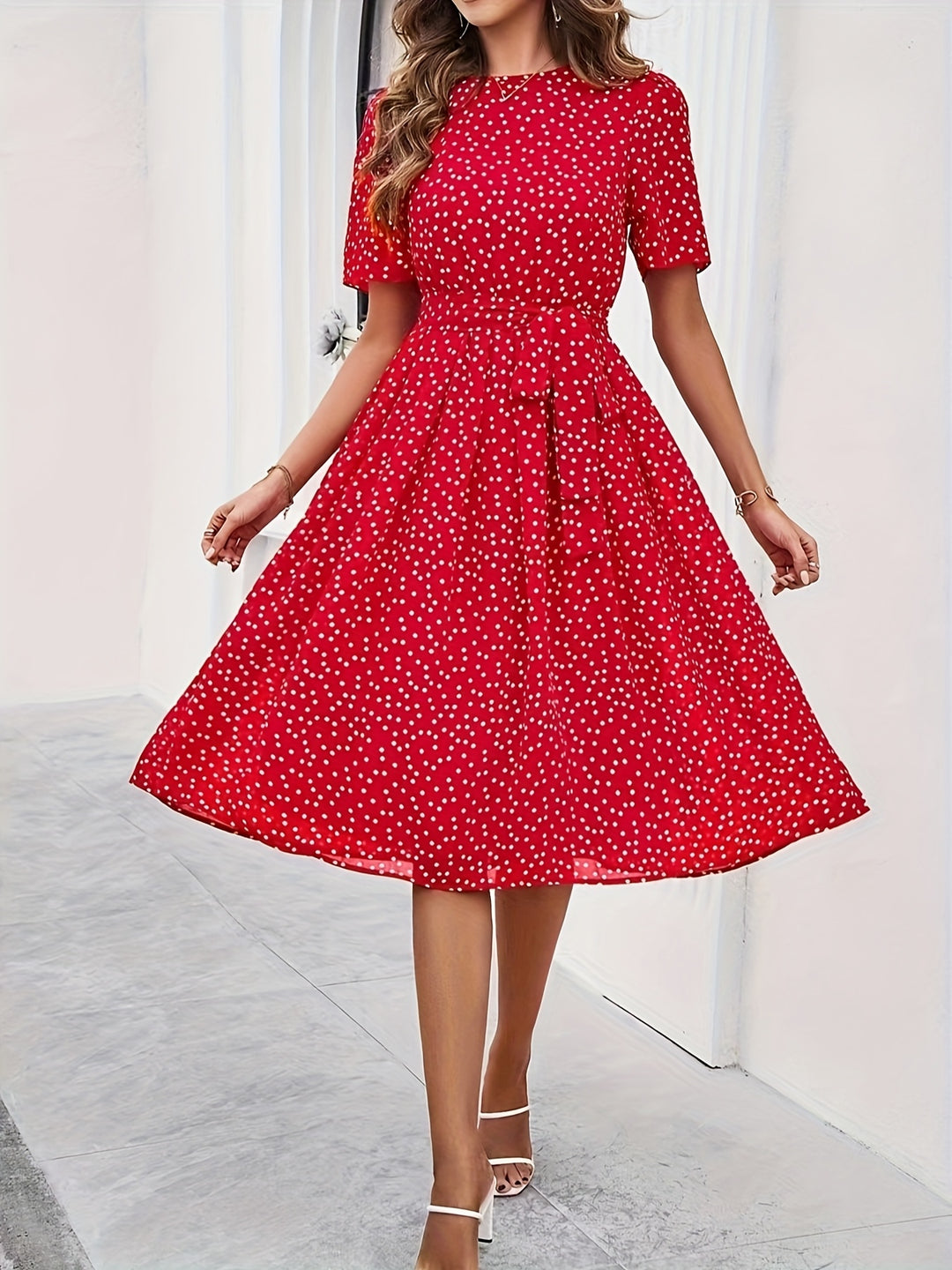Polka Dot Short Sleeve Midi Dress with Tie Waist