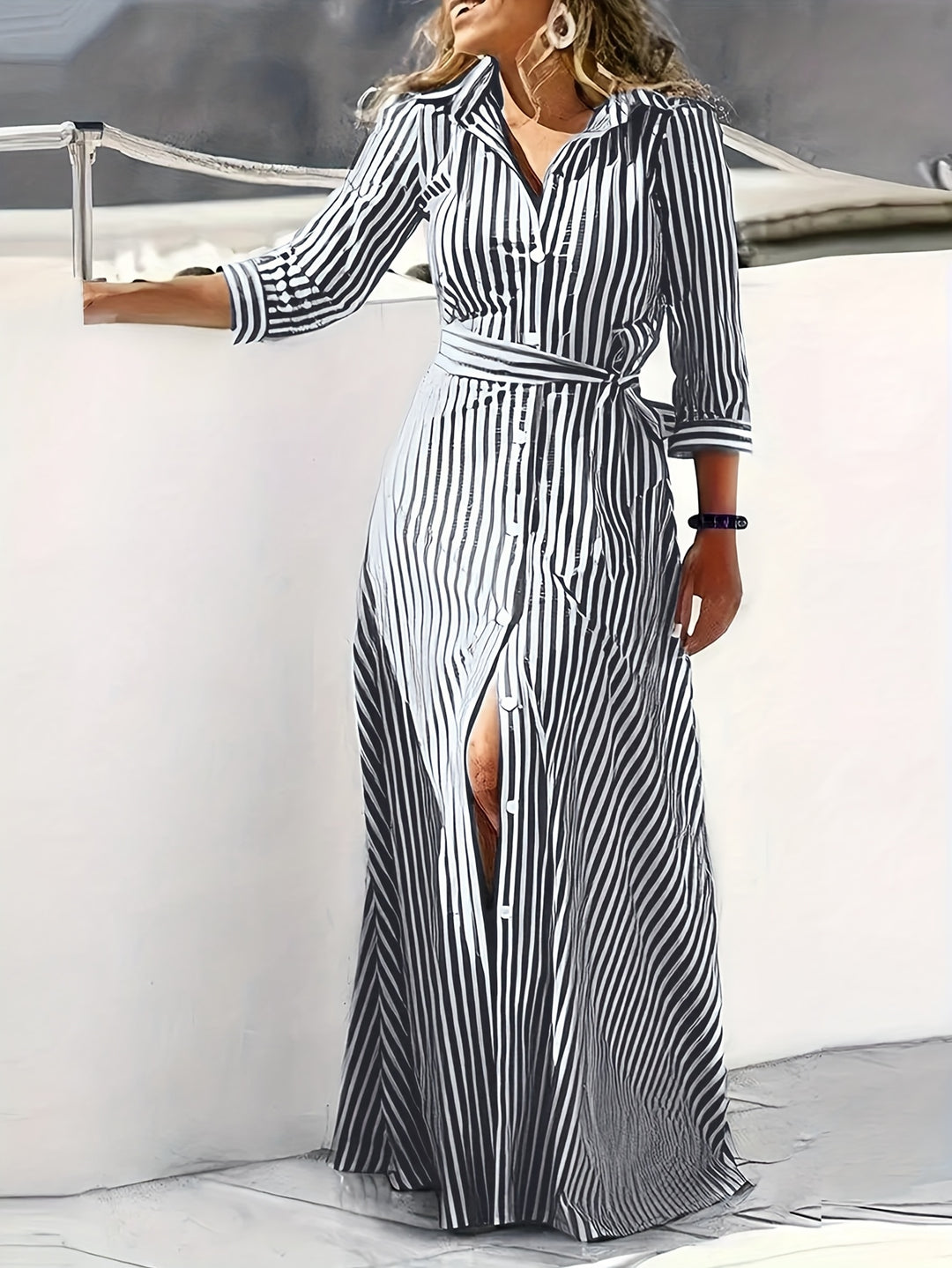 Striped Button Down Tie Waist Boho Maxi Dress