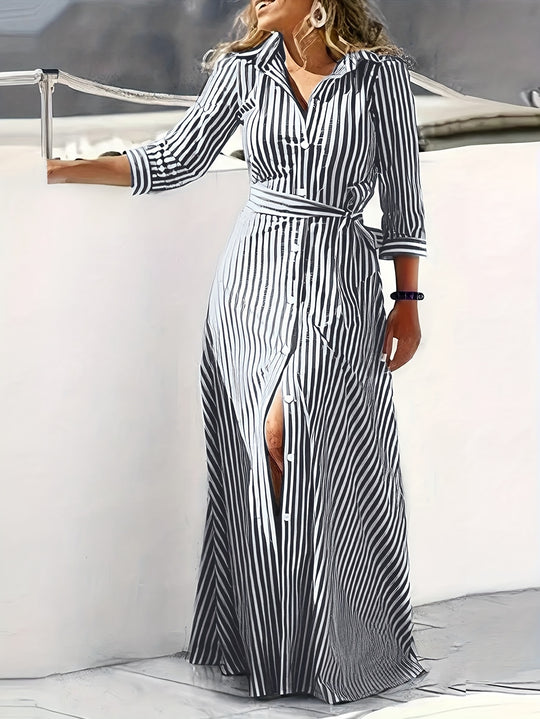 Striped Button Down Tie Waist Boho Maxi Dress