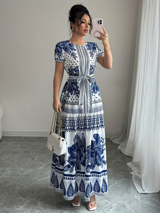 Short Sleeve Floral Pattern Belted Maxi Dress