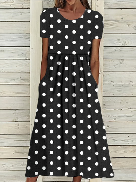 Casual Polka Dot Pocket Midi Dress