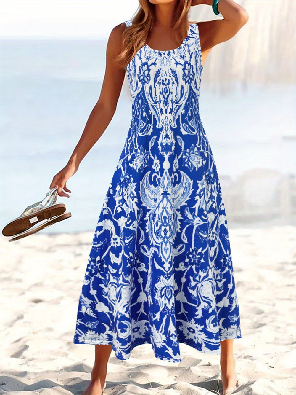 Bohemian Damask Print Sleeveless Summer Dress