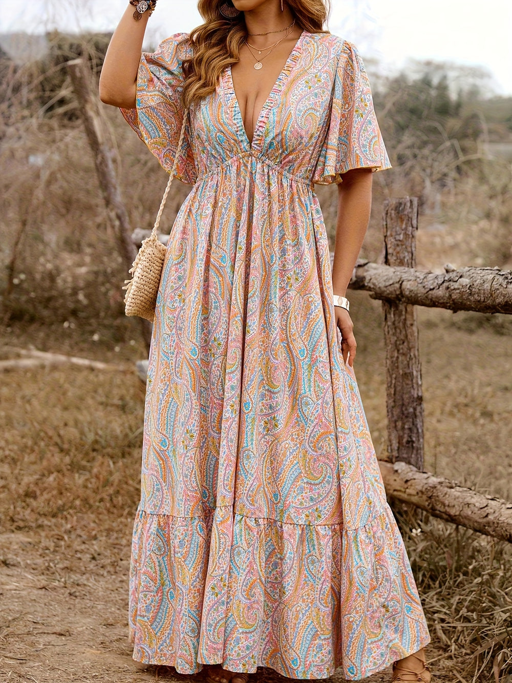 Flowy Deep V Empire Waist Summer Maxi Dress