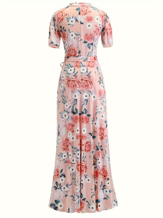 Elegant Rose Print Tie Waist Maxi