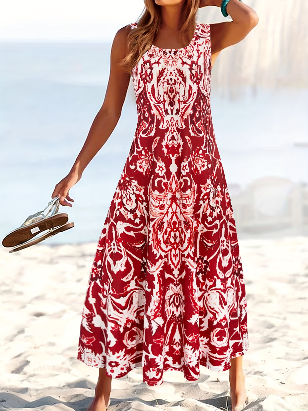 Bohemian Damask Print Sleeveless Summer Dress