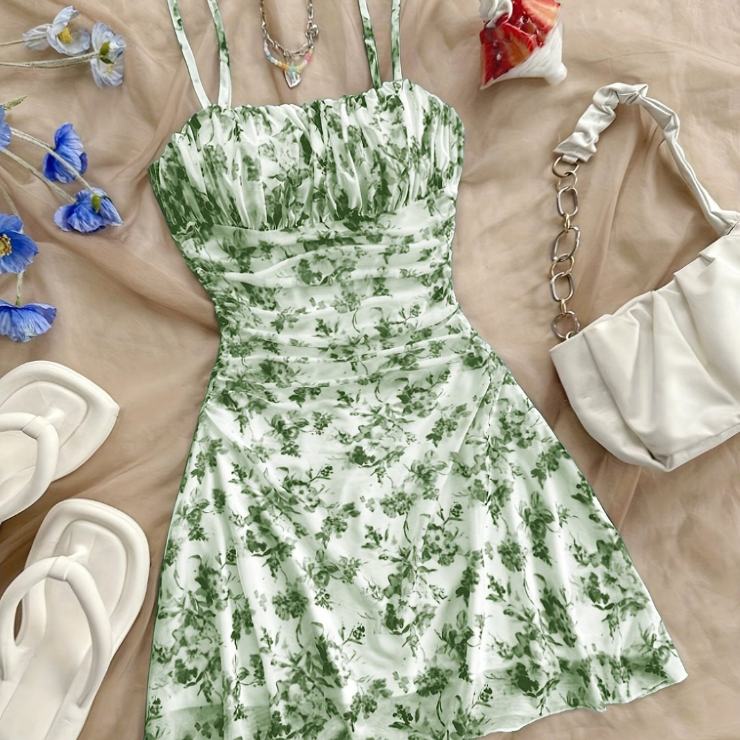 Romantic Floral Ruched Double Strap Mini Dress