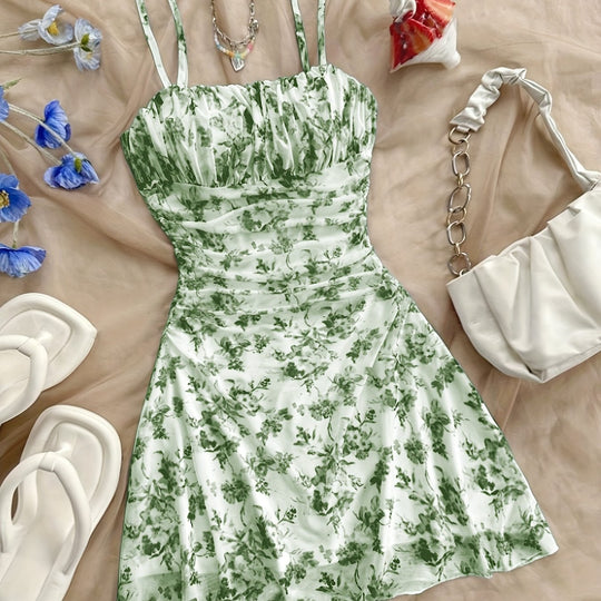 Romantic Floral Ruched Double Strap Mini Dress