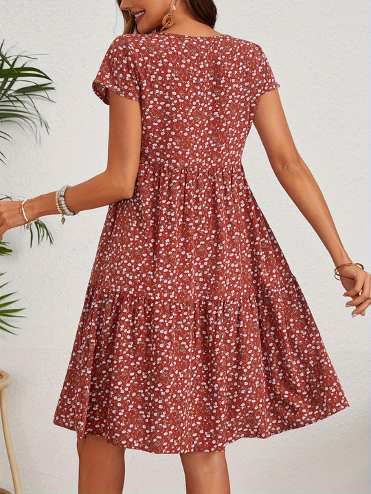 Casual Floral Round Neck Tiered Dress