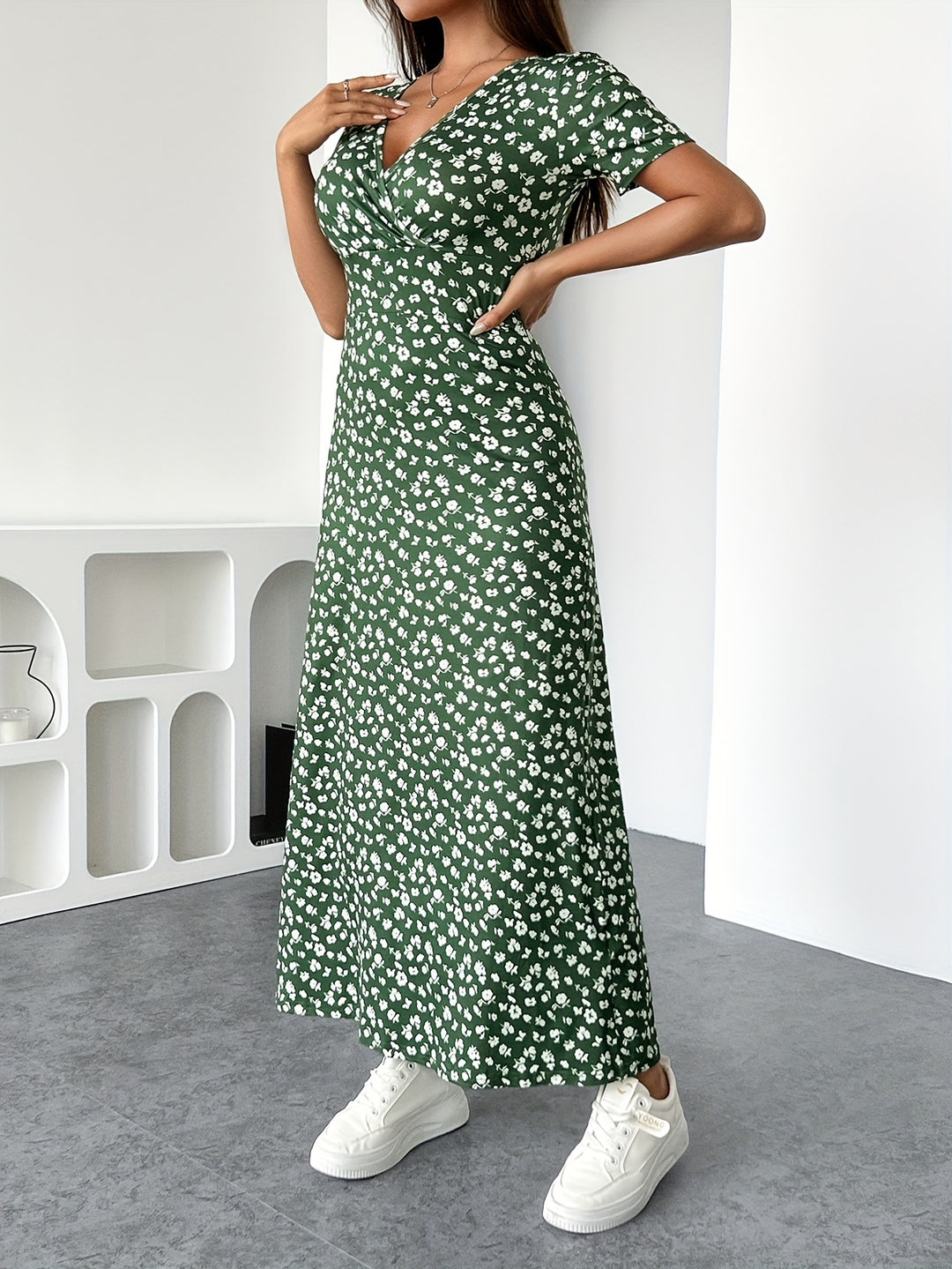 Short Sleeve Surplice Floral Long Dress