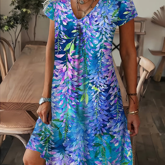 Flowy V-Neck Cascading Floral Shift Dress