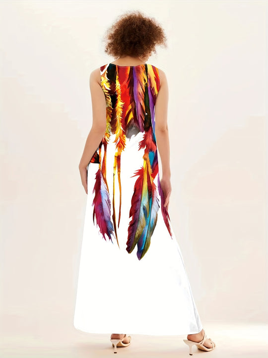 Feather Print Sleeveless V-Neck Boho Dress