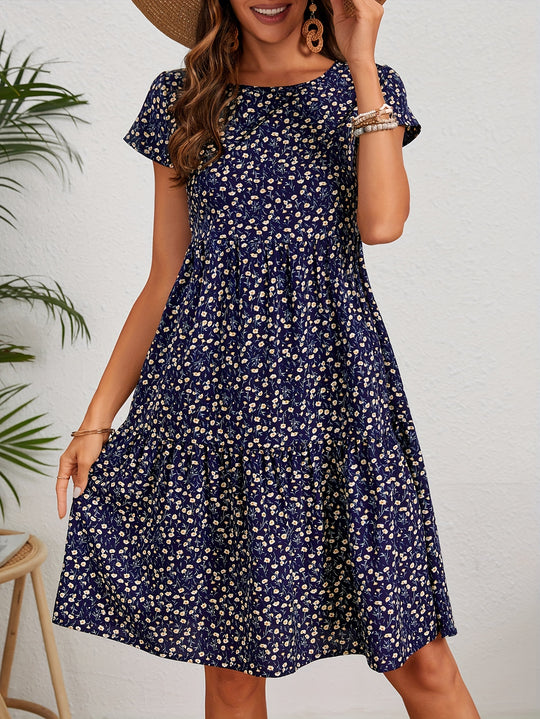 Casual Floral Round Neck Tiered Dress