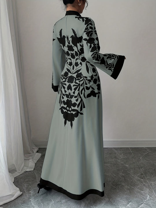 Flared Sleeve Long Floral Panel Evening Maxi Dress