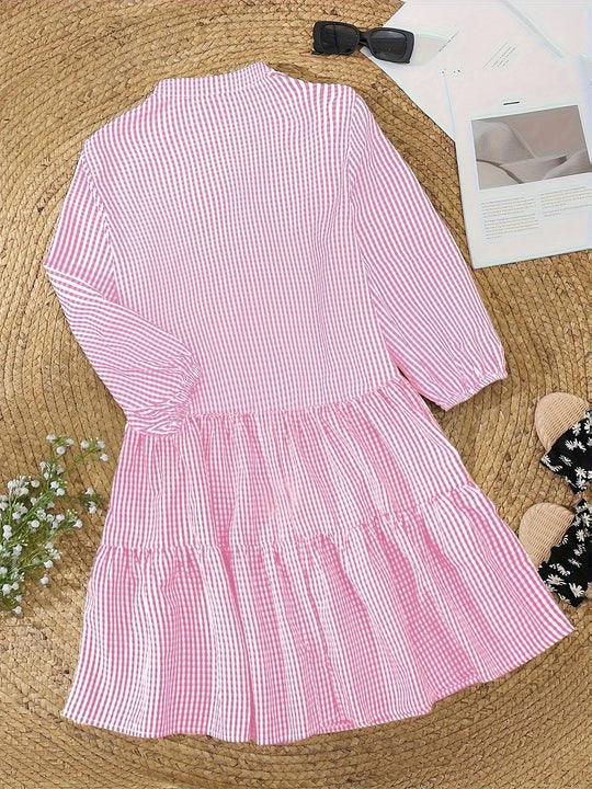 Checkered V-Neck Half Sleeve Bohemian Mini Dress