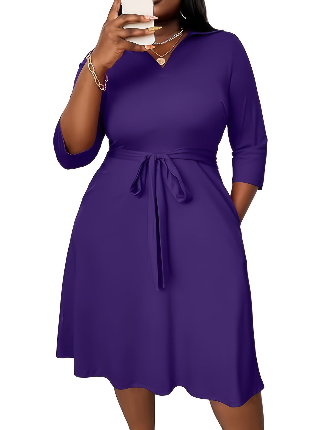 Plus Size V-Neck Casual Cinched Midi Dress