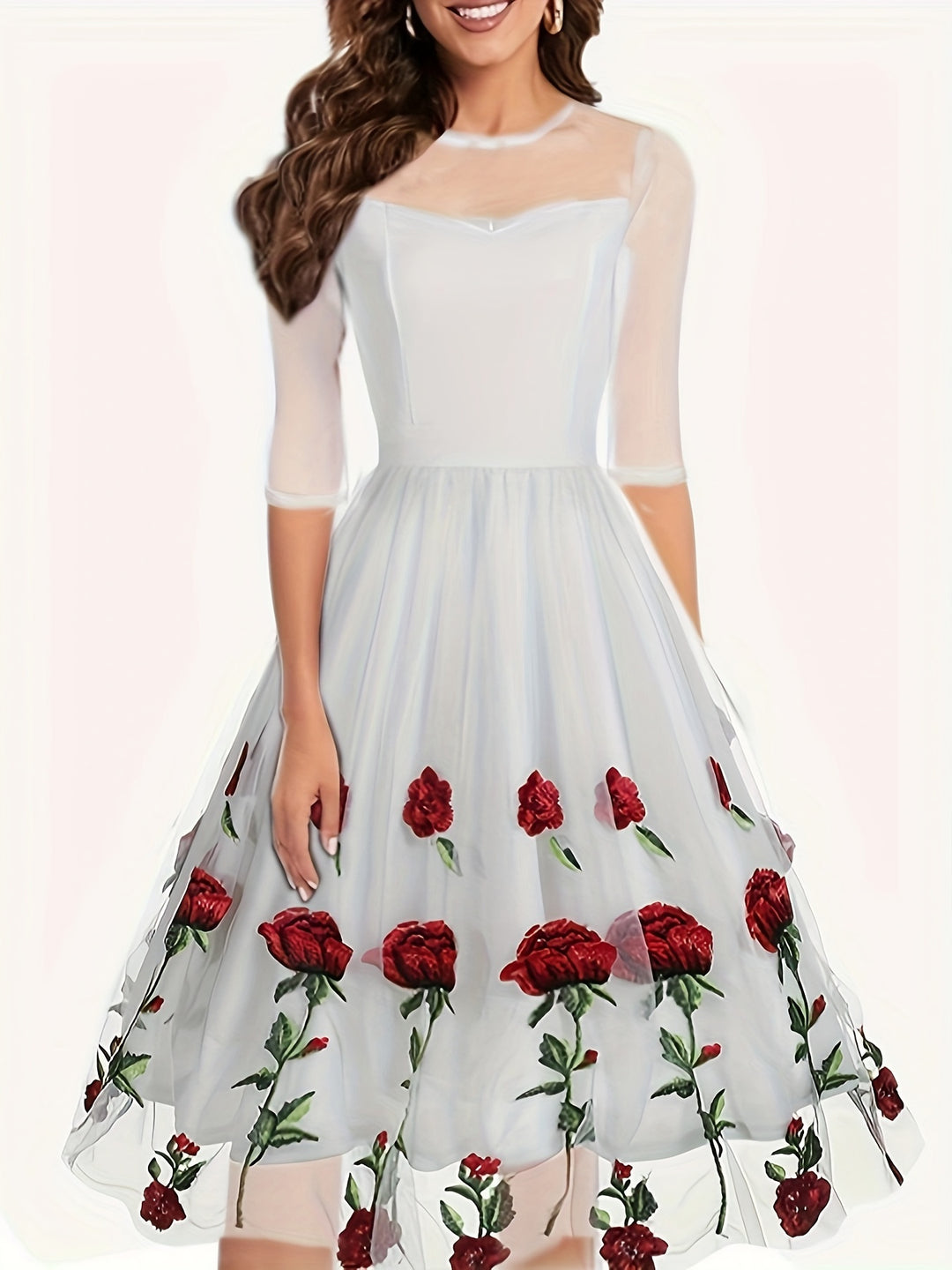 Romantic Rose Embroidered Tulle Cocktail Dress