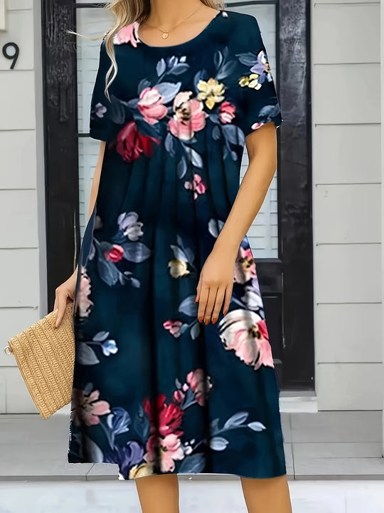 Floral Print Short Sleeve A-Line Midi Dress - Plus Size