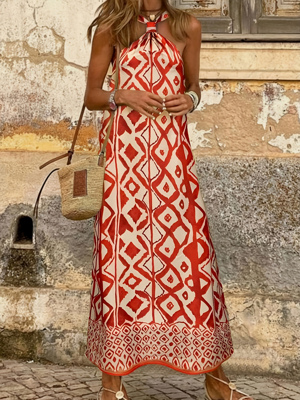 Boho Geometric Pattern Halter Slit Summer Dress