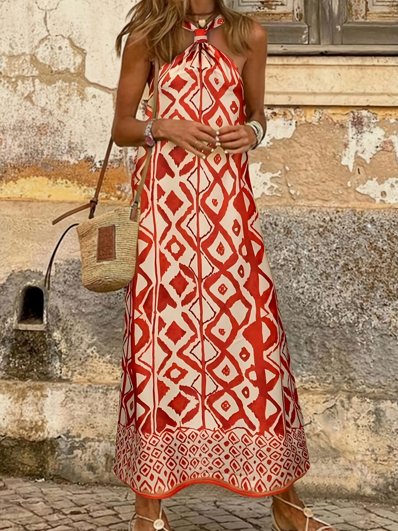 Boho Geometric Pattern Halter Slit Summer Dress