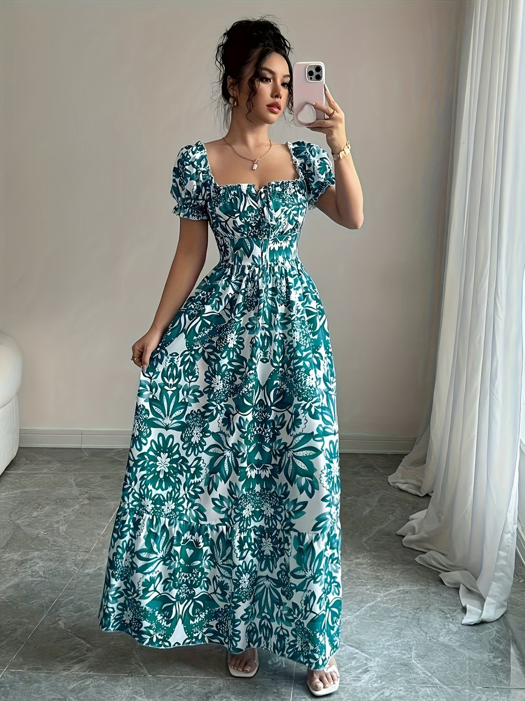 Floral Square Neck Puff Sleeve Maxi Dress