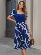 Abstract A-Line Puff Sleeve Midi Dress