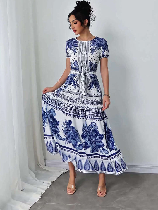 Short Sleeve Floral Pattern Belted Maxi Dress