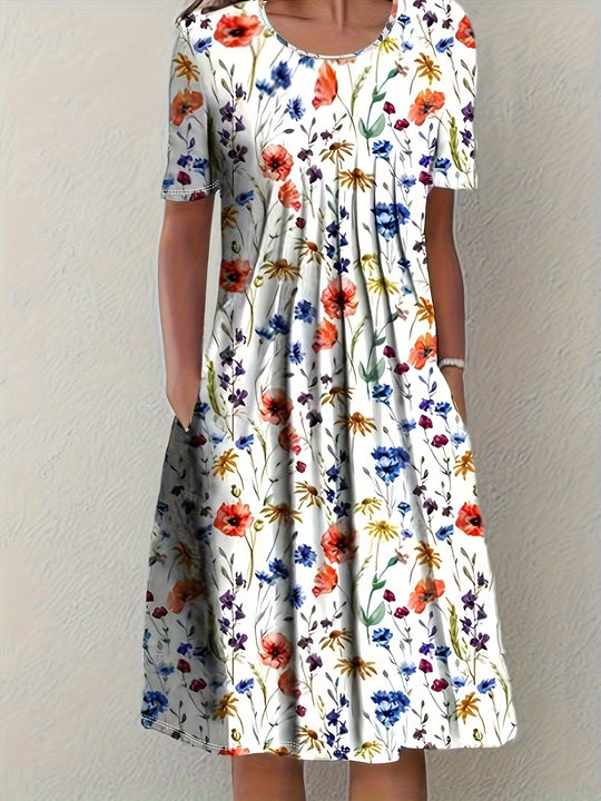 Casual Short Sleeve Floral Pocket Dress