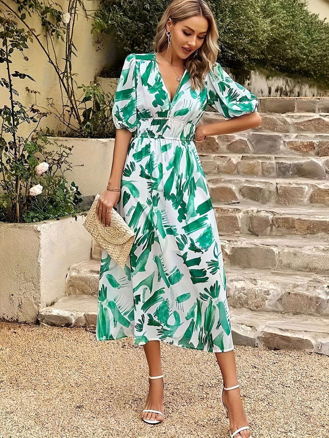 Puff Sleeve Abstract Print Smocked Summer Dress