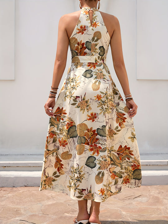 Sleeveless High Neck Floral Midi Bohemian Dress
