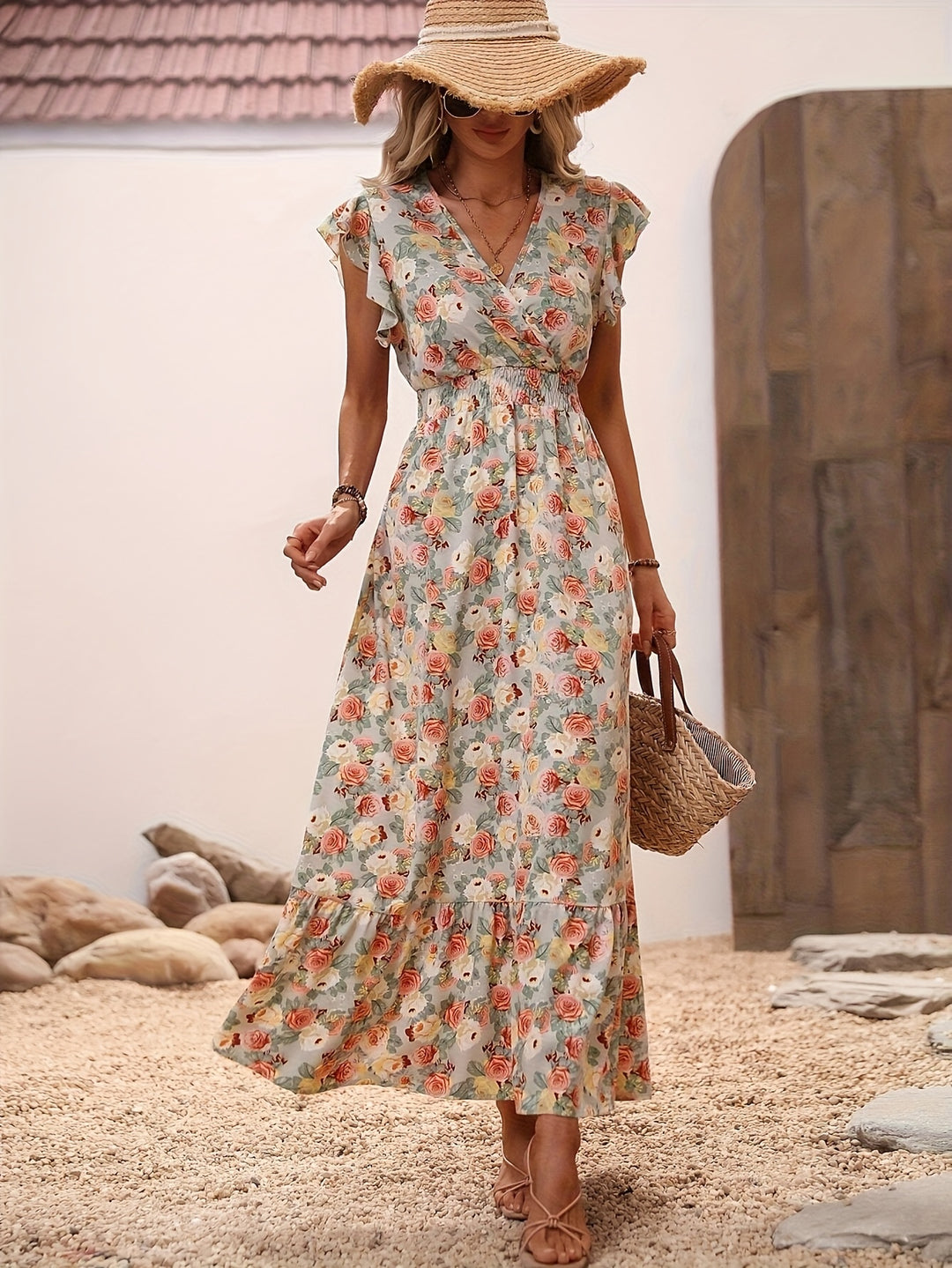 Floral Surplice V-Neck Smocked Maxi Dress