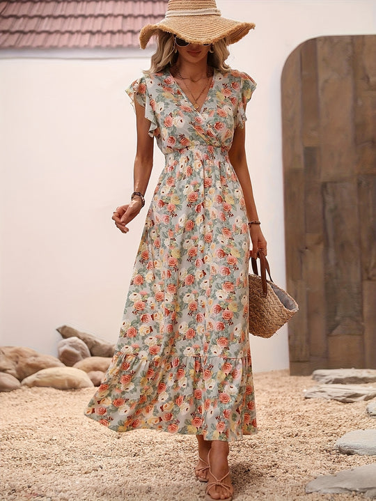 Floral Surplice V-Neck Smocked Maxi Dress