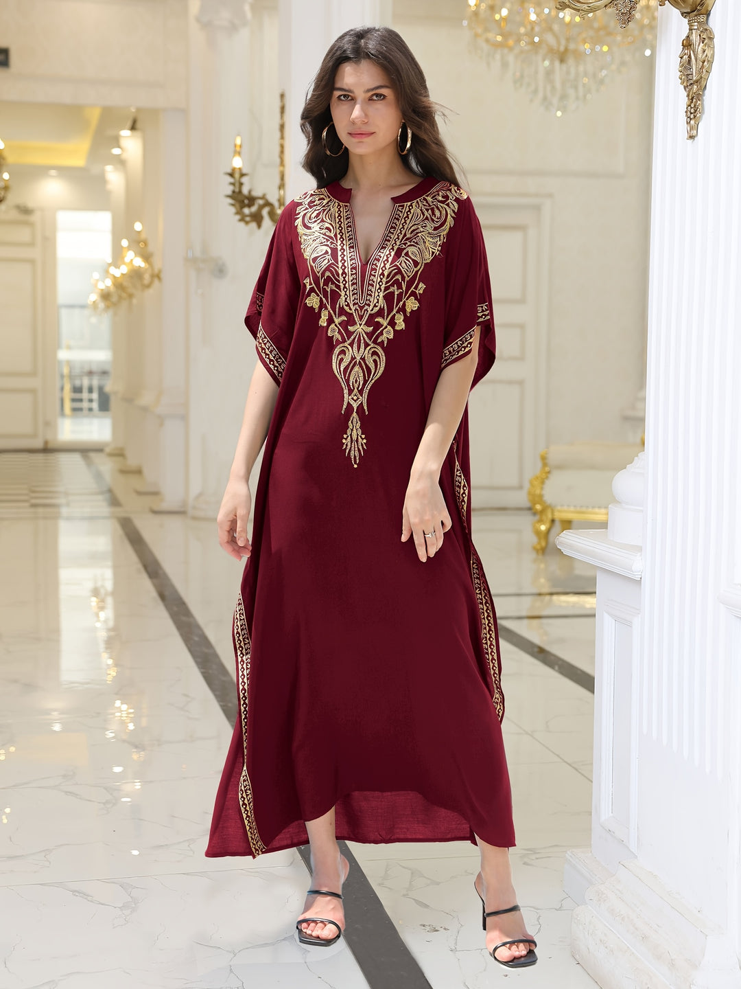 Boho Split Hem Embroidered Kaftan Dress