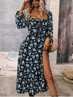 Ditsy Floral High Slit Long Sleeve Maxi Dress