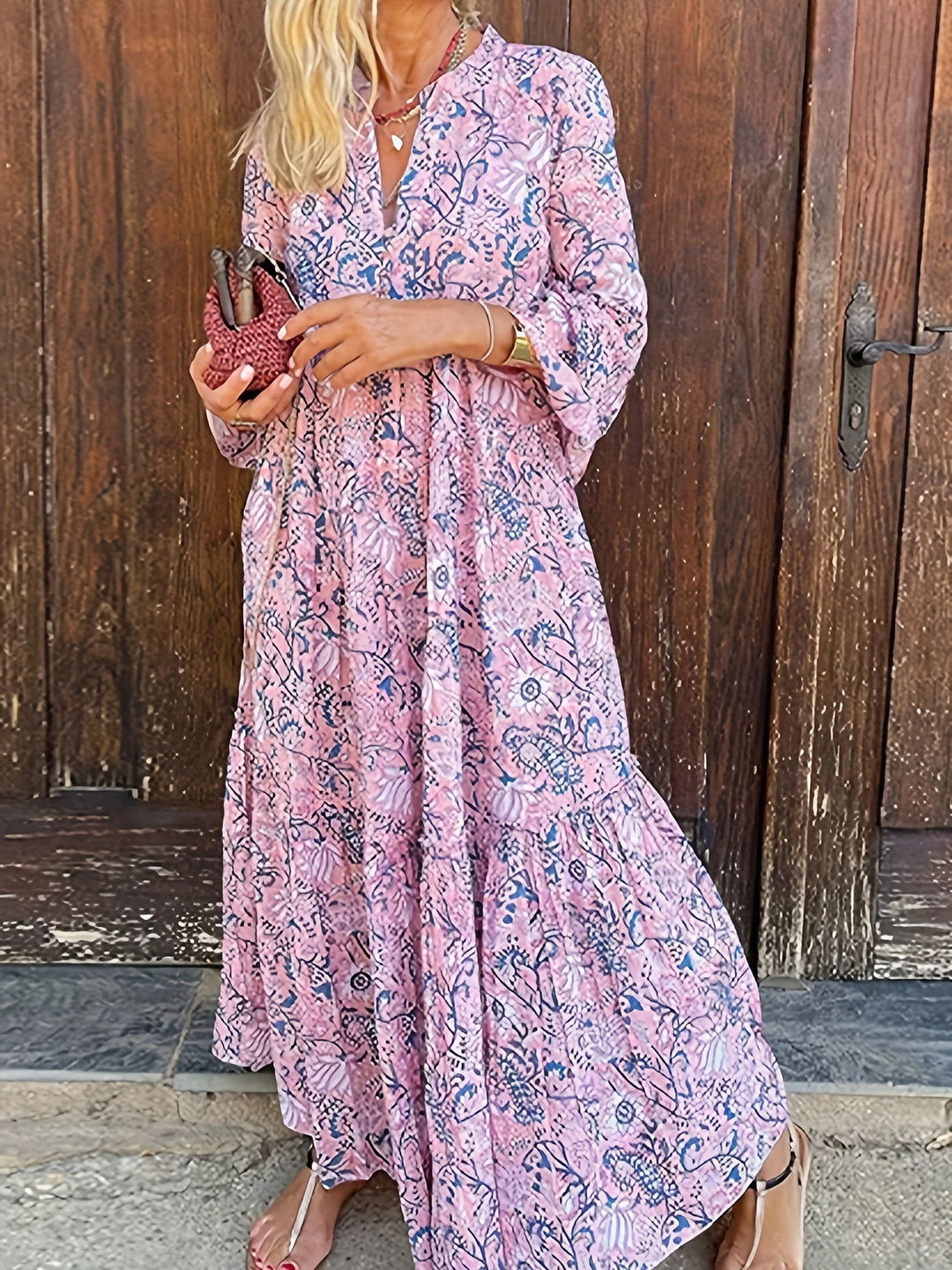 Casual Bell Sleeve Tiered Boho Maxi Dress