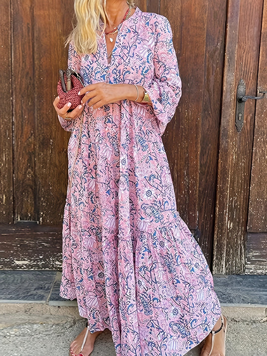 Casual Bell Sleeve Tiered Boho Maxi Dress