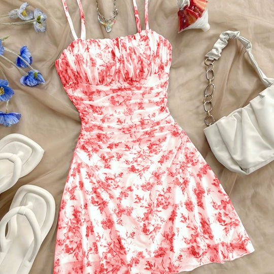 Romantic Floral Ruched Double Strap Mini Dress