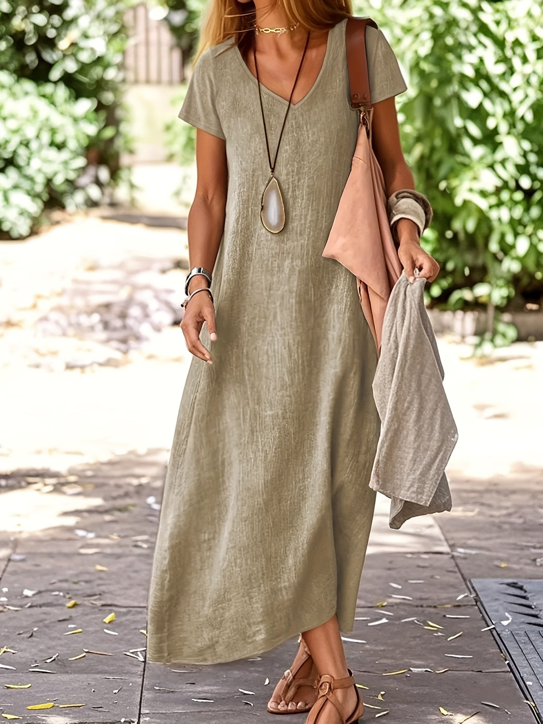 Casual Loose V-Neck Textured Maxi Dress