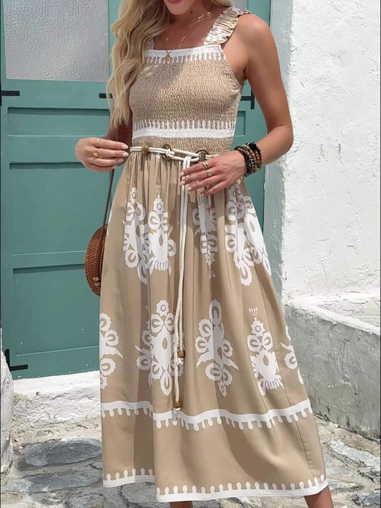 Rope Belted Ruffle Strap Flowy Bohemian Dress