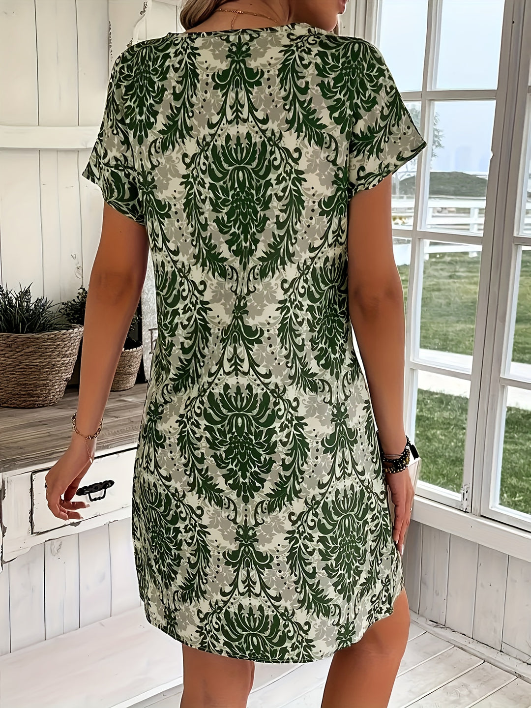 Bohemian V-Neck Damask Print Summer Dress