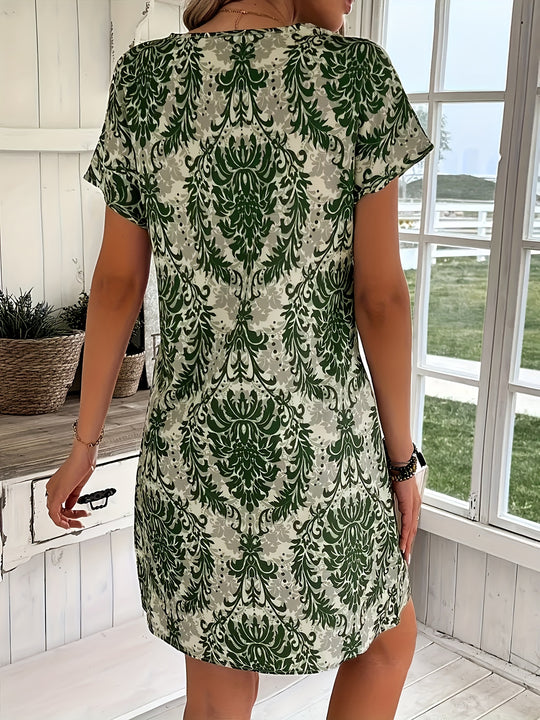Bohemian V-Neck Damask Print Summer Dress